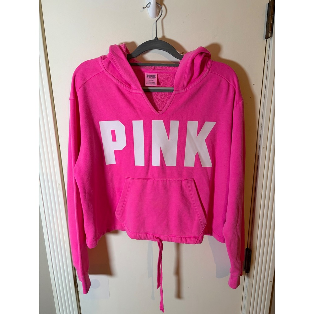 Victorias Secret PINK Neon Pink Cropped Hoodie Sweatshirt Logo V-Neck Medium